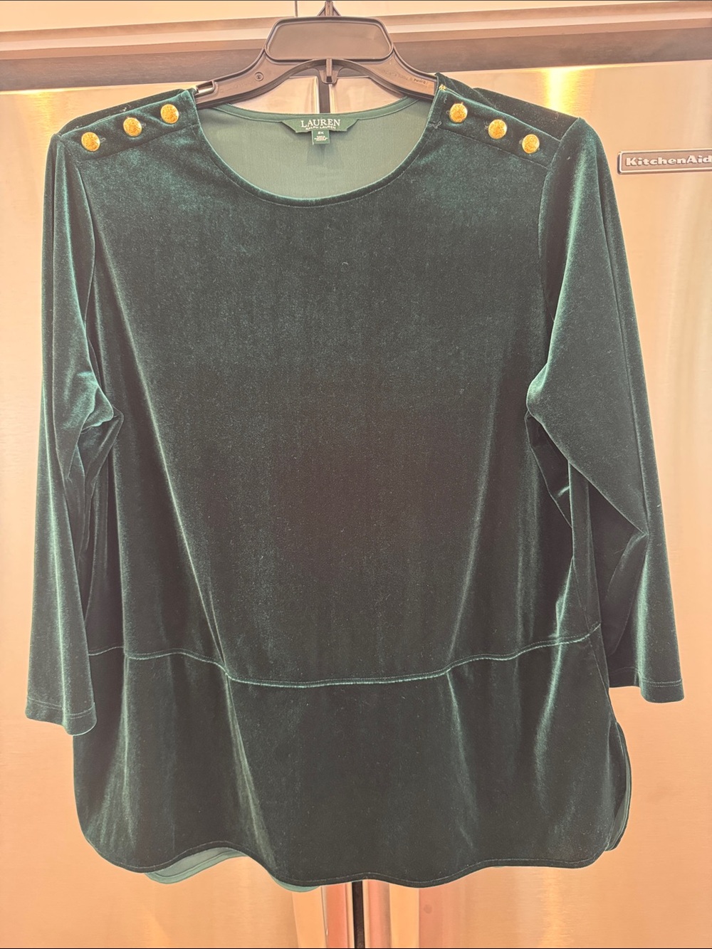 Lauren Ralph Lauren Emerald Velvet Top with Gold Shoulder Buttons